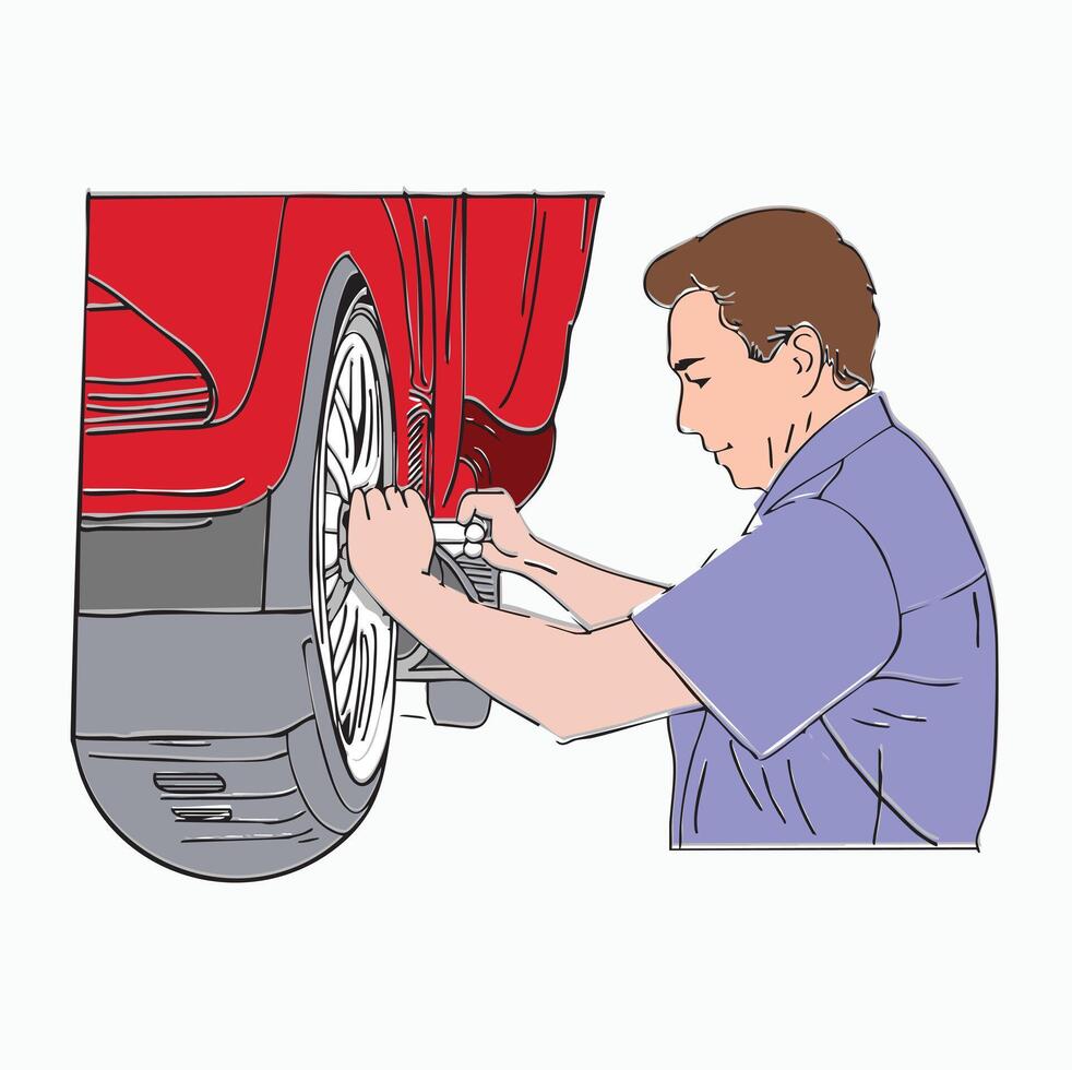 Changing a Flat Tire. Man Changing Car Tire. Tire Repair. Cartoon Style Illustration vector