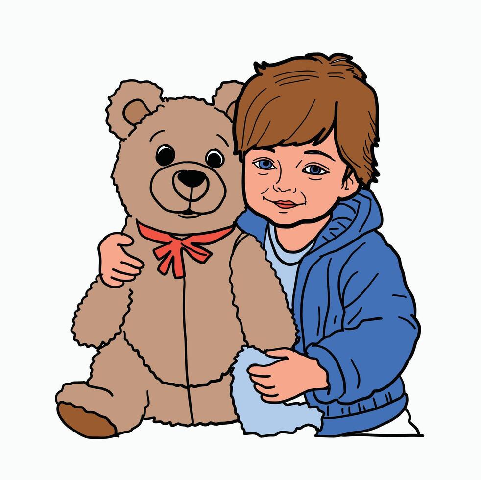 little girl hugging a teddy bear. Cartoon Style Illustration vector