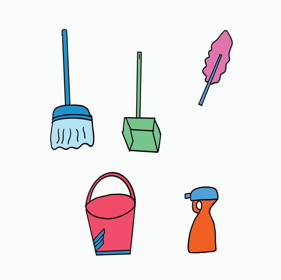 cleaning tool set. Equipment and accessories collection for cleaning home. Cartoon Style Illustration vector