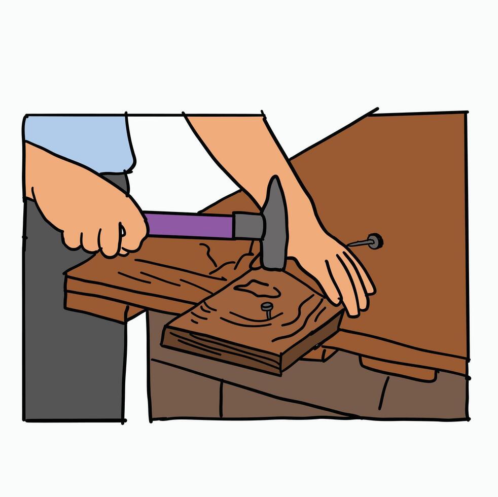 People are nailing the table with a hammer. Cartoon Style Illustration vector