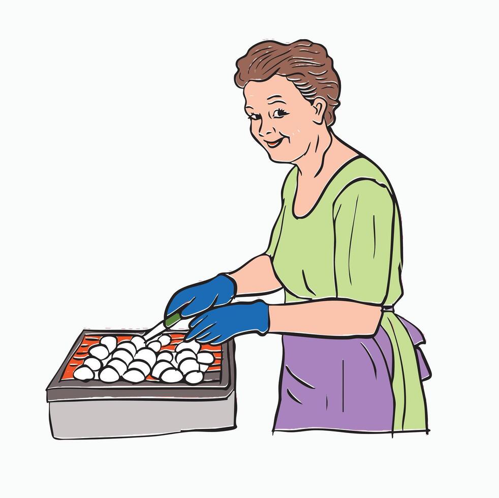 Grandma Grilling Snacks. Elderly Lady Preparing Food on a Grill. Cartoon Style Illustration vector