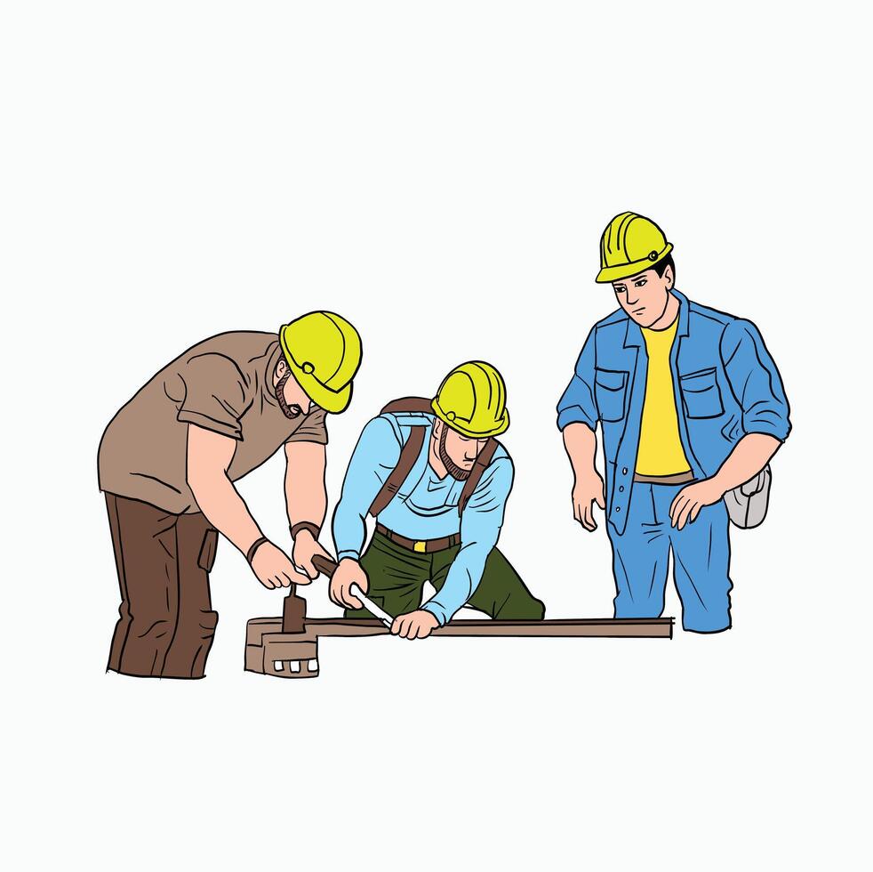 Construction Workers Building and Supervising. Cartoon Style Illustration vector