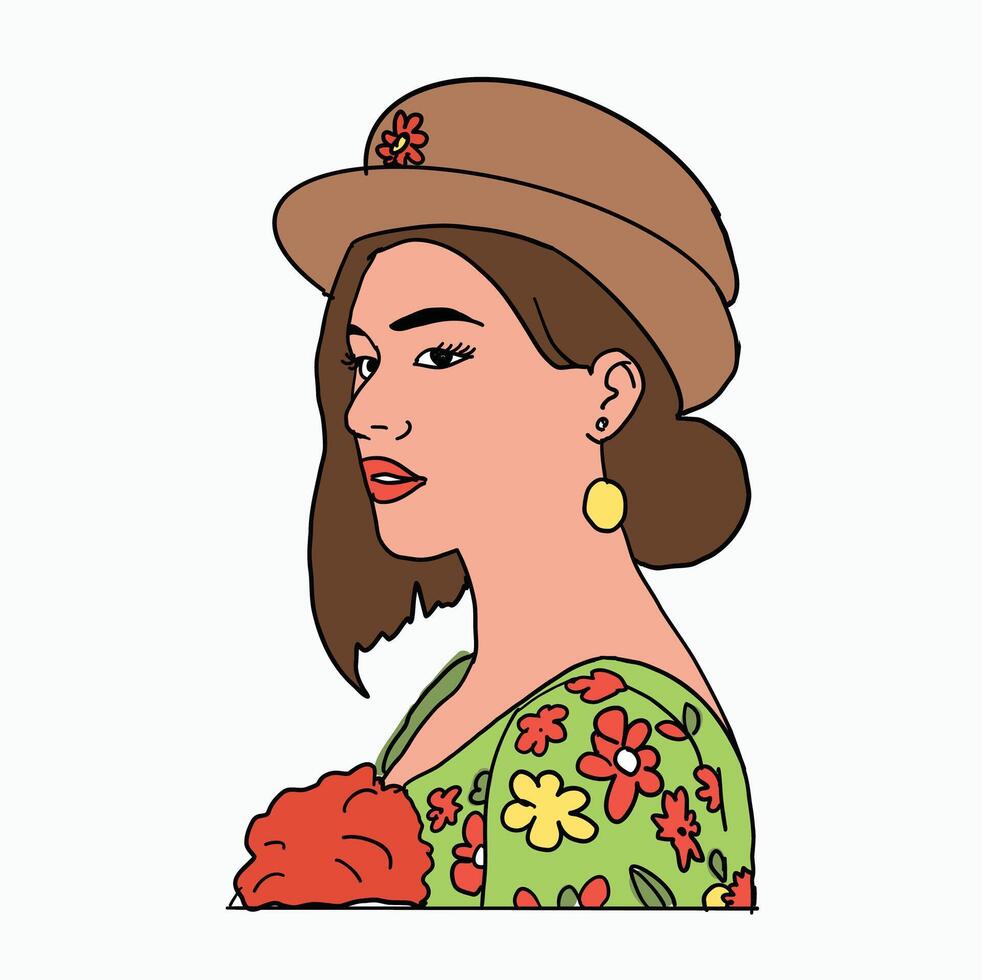beautiful girl wearing a hat. face seen from the side. Cartoon Style Illustration vector