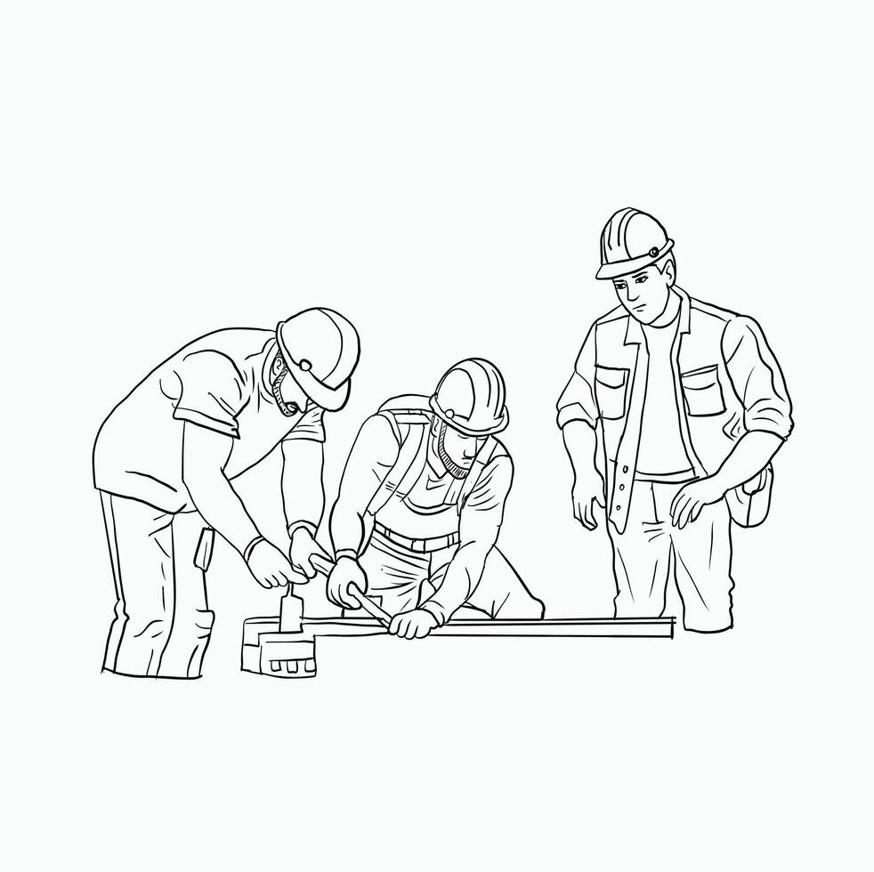 black and white line. Construction Workers Building and Supervising. Cartoon Style Illustration vector