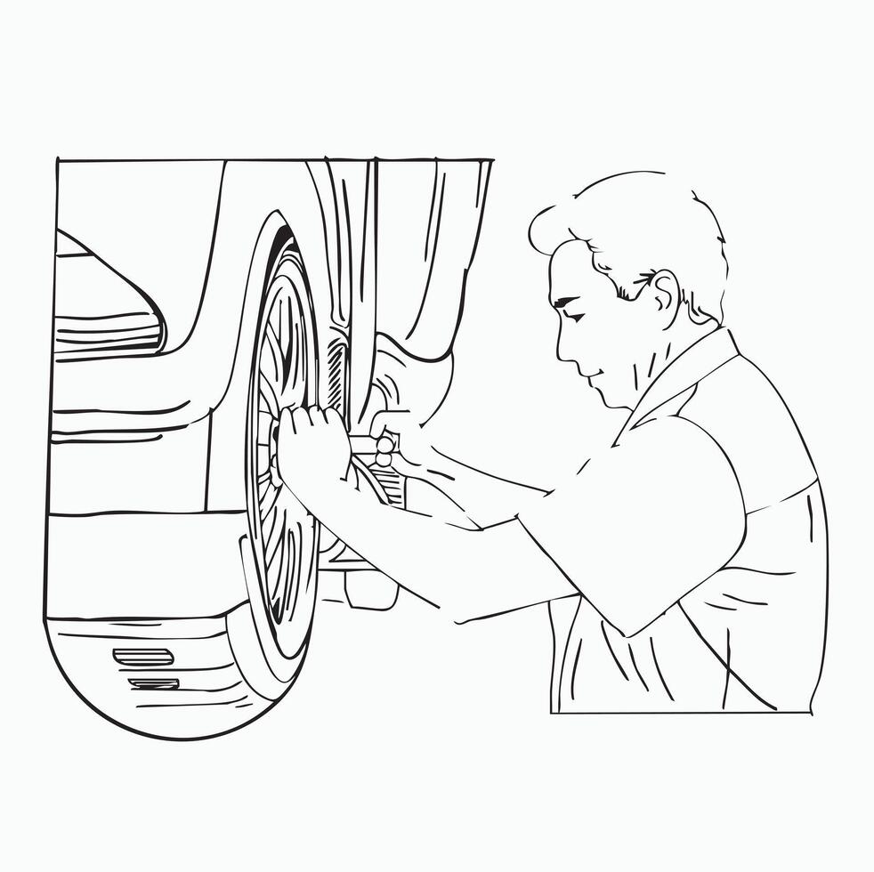black and white line. Changing a Flat Tire. Man Changing Car Tire. Tire Repair. Cartoon Style Illustration vector