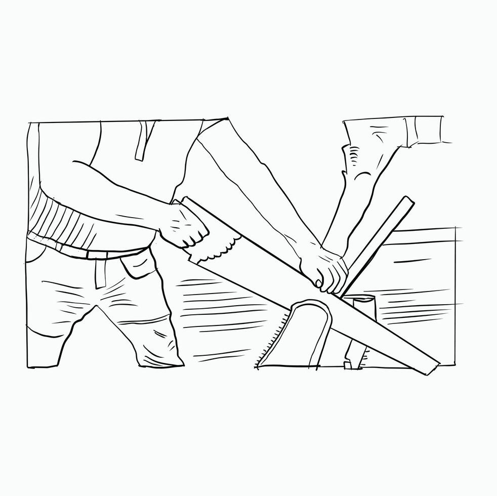 black and white line. Man Sawing Wood. Woodworking with a Hand Saw. Carpenter Cutting Wood. Cartoon Style Illustration vector