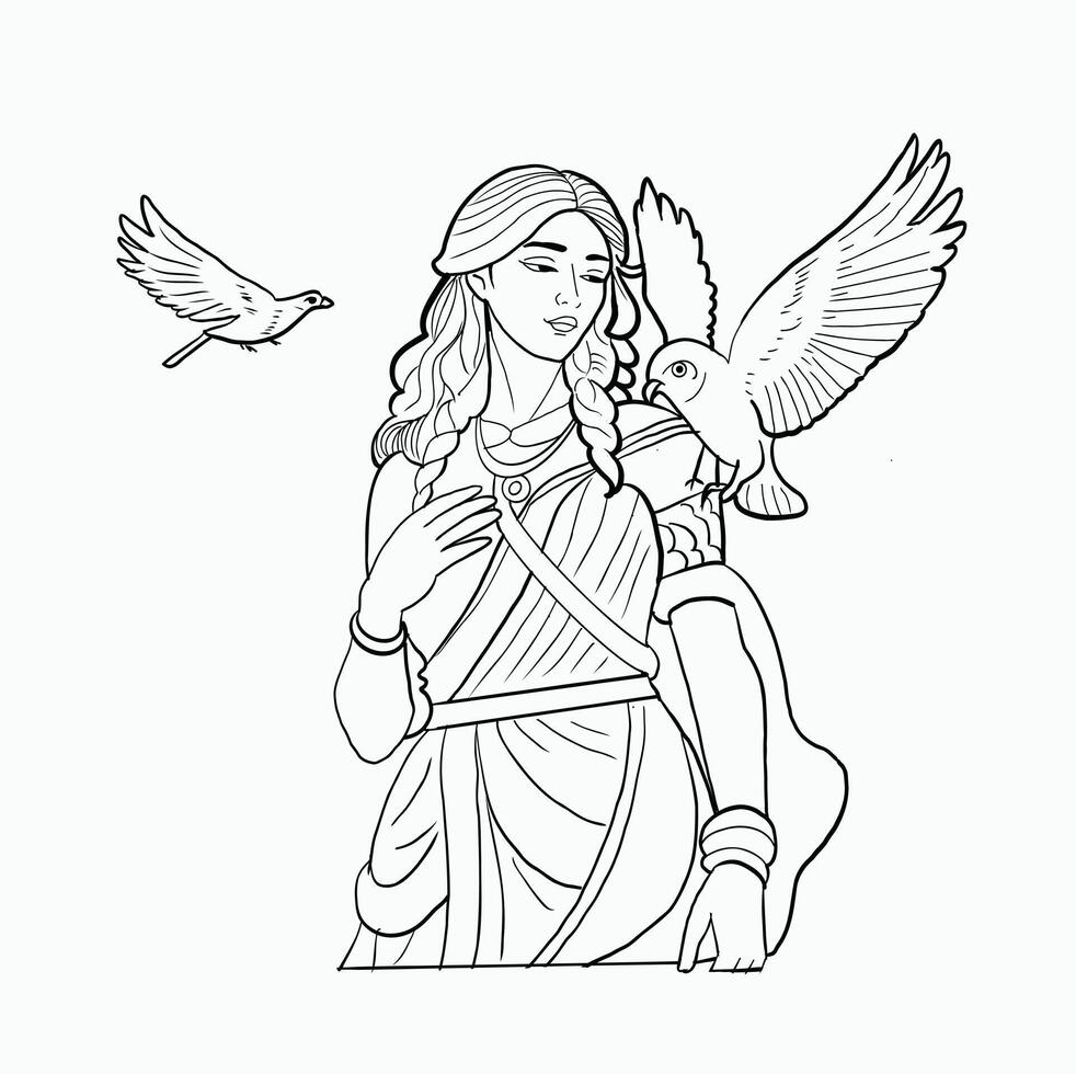 black and white line. Goddess with Doves. Serene Woman and Birds. Harmony with Nature. Cartoon Style Illustration vector