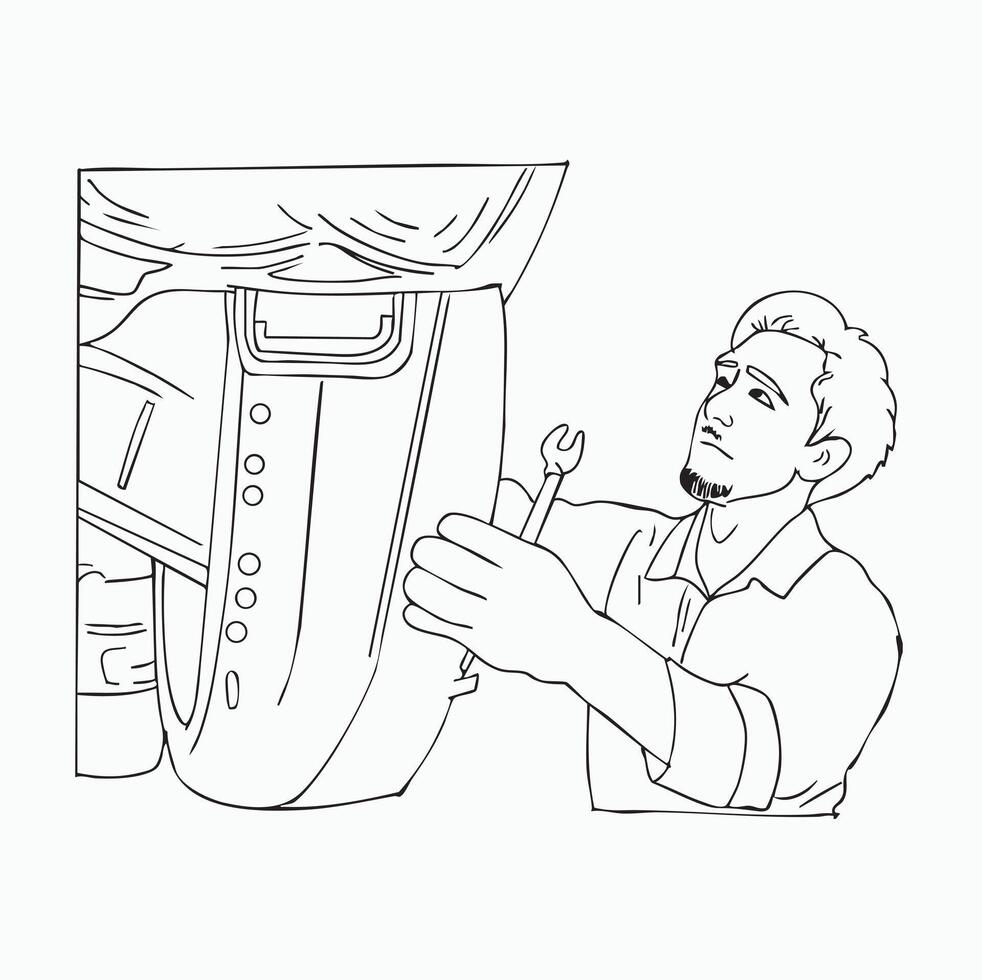 black and white line. Car Repair and Maintenance. Mechanic Working on Car. Cartoon Style Illustration vector