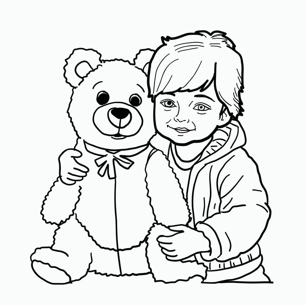 black and white line. little girl hugging a teddy bear. Cartoon Style Illustration vector