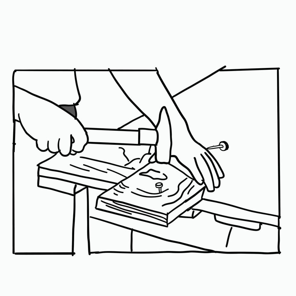 black and white line. People are nailing the table with a hammer. Cartoon Style Illustration vector