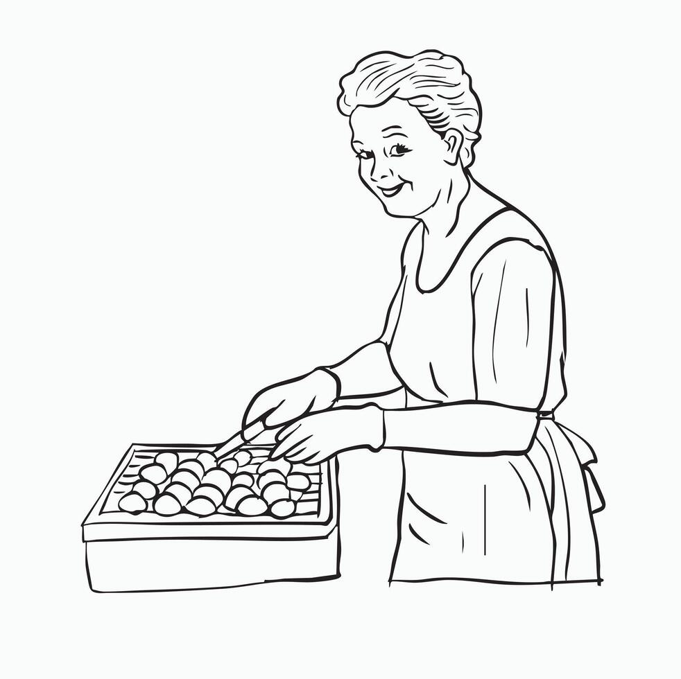 black and white line. Grandma Grilling Snacks. Elderly Lady Preparing Food on a Grill. Cartoon Style Illustration vector