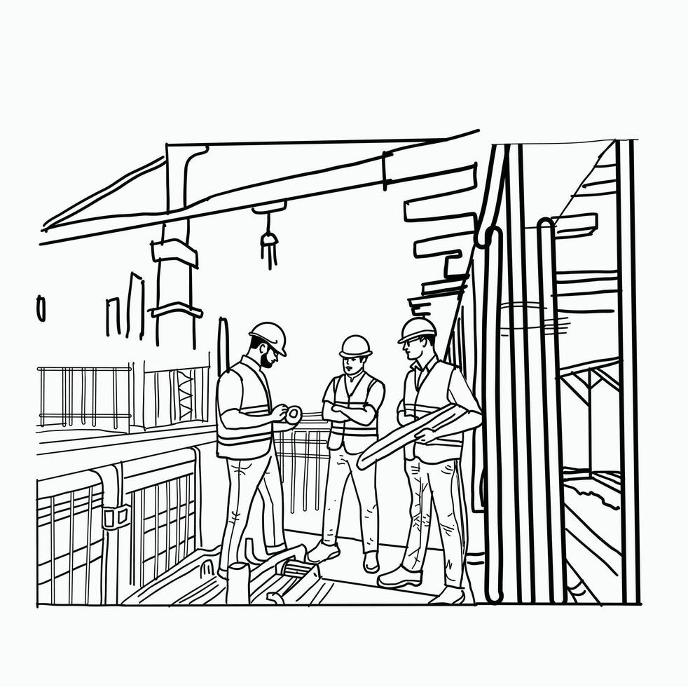 black and white line. Building under Construction, worker teamwork Construction ,infographics Construction. Cartoon Style Illustration vector