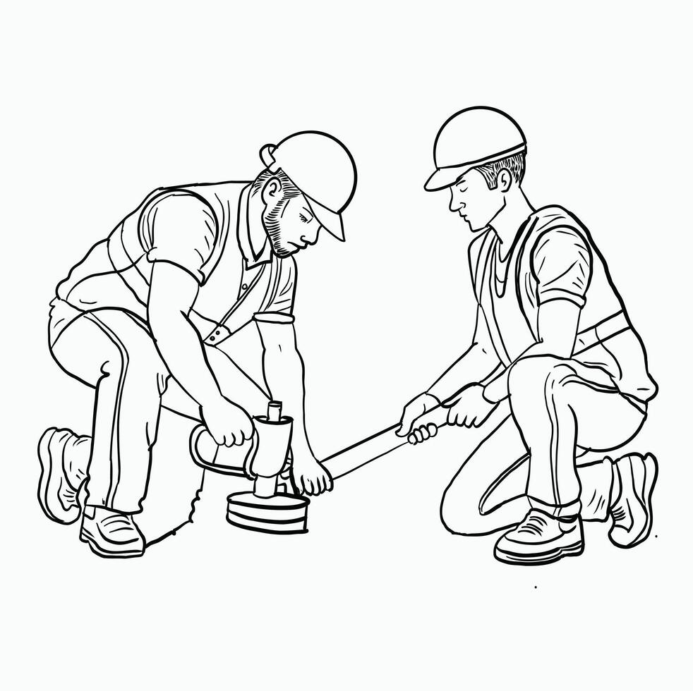 black and white line. Teamwork on Road Repair. Road Workers Repairing Pothole. Construction Workers Fixing Pavement. Cartoon Style Illustration vector