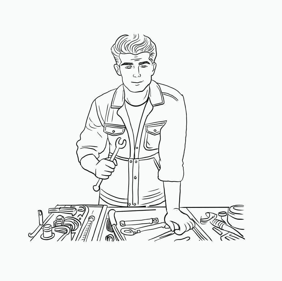 black and white line. Mechanic at Work. Workshop Tools and Technician. Skilled Handyman with Wrench. Cartoon Style Illustration vector