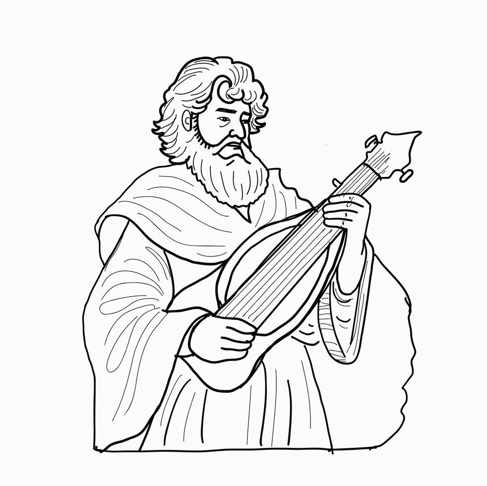 black and white line. old man with beard in traditional clothes playing guitar. Cartoon Style Illustration vector