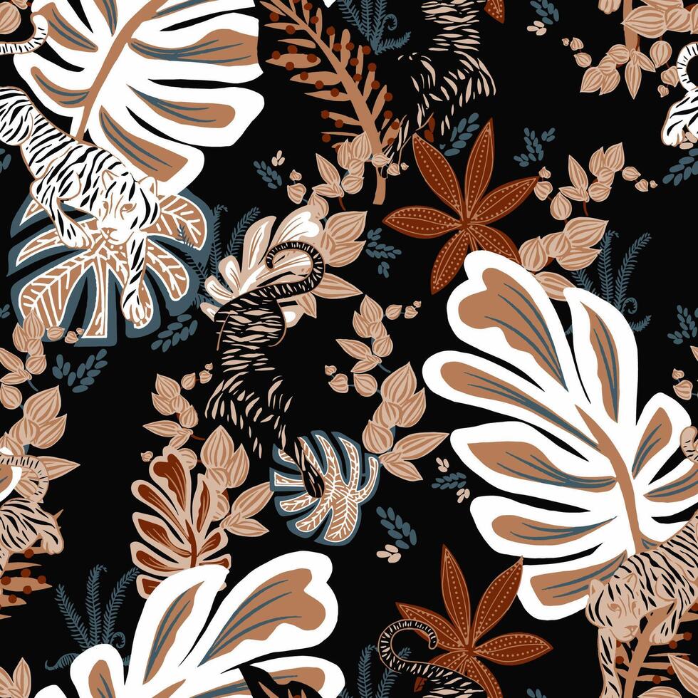 a pattern with tropical plants and animals vector