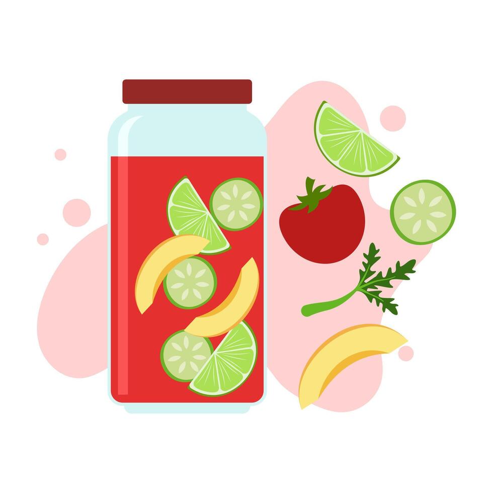 Flat illustration of fruit juice, and beverage containers with colorful labels. Summer cold and soft drinks. vector