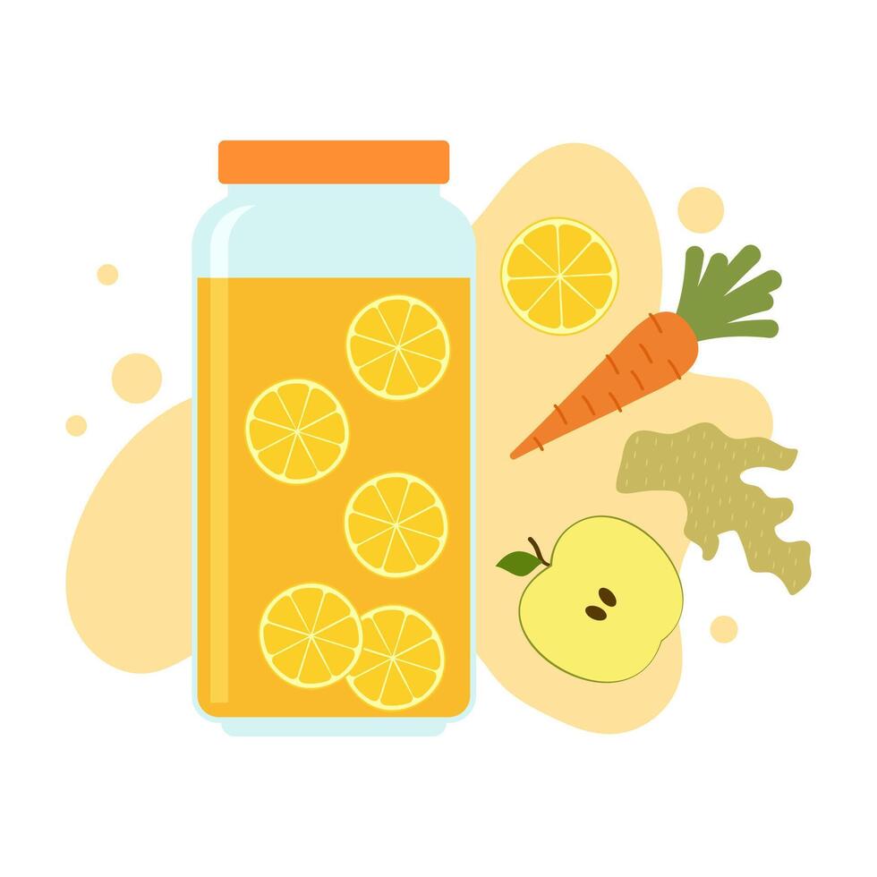 Flat illustrations of fruit juice and beverage container with colorful label. Summer cold and soft drinks. vector