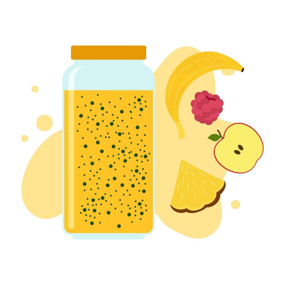 Flat illustrations of fruit juice and beverage containers with colorful labels. Summer cold and soft drink vector
