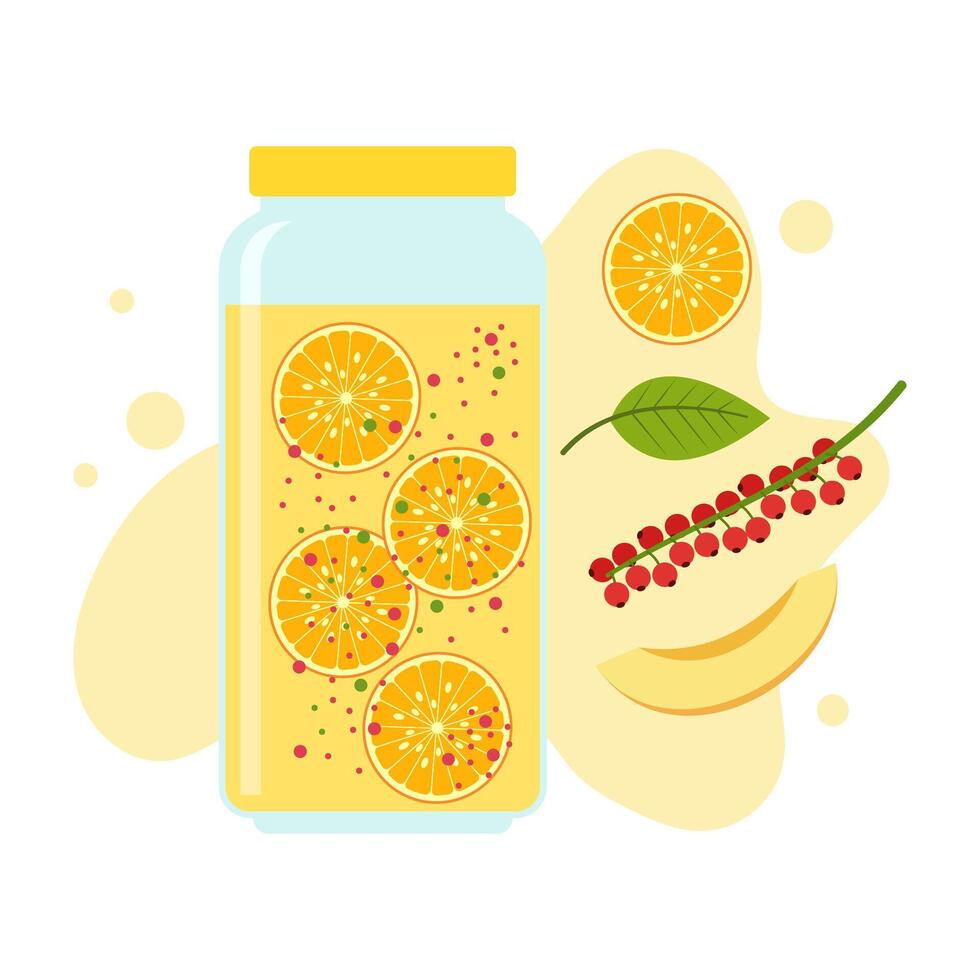 Flat illustrations of fruit juice and beverage containers with colorful labels. Summer cold and soft drinks vector
