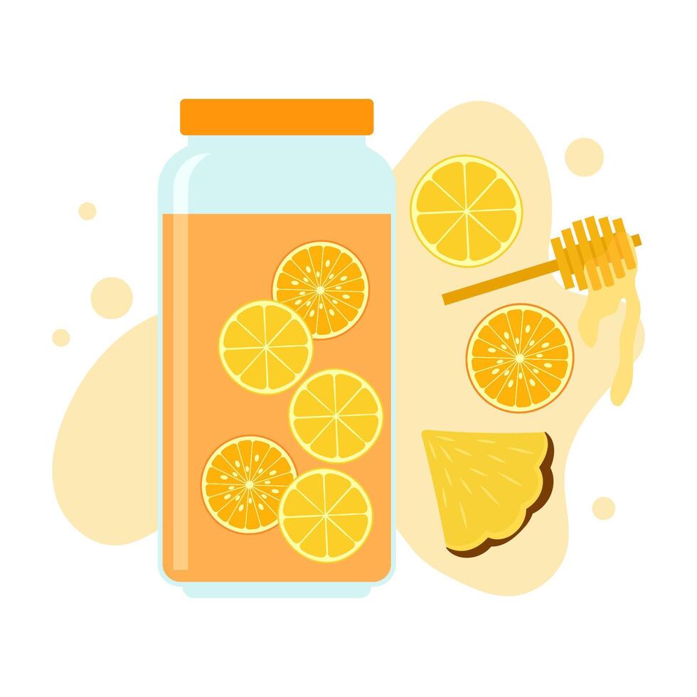Flat illustrations of fruit juice and beverage container with colorful labels. Summer cold and soft drinks. vector