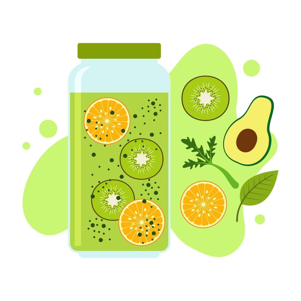 Flat illustration of fruit juice and beverage containers with colorful labels. Summer cold and soft drinks. vector