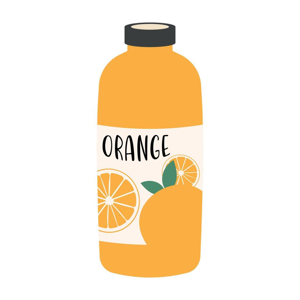 Flat illustrations of fruit juice, and beverage container with colorful labels. Summer cold and soft drinks. vector