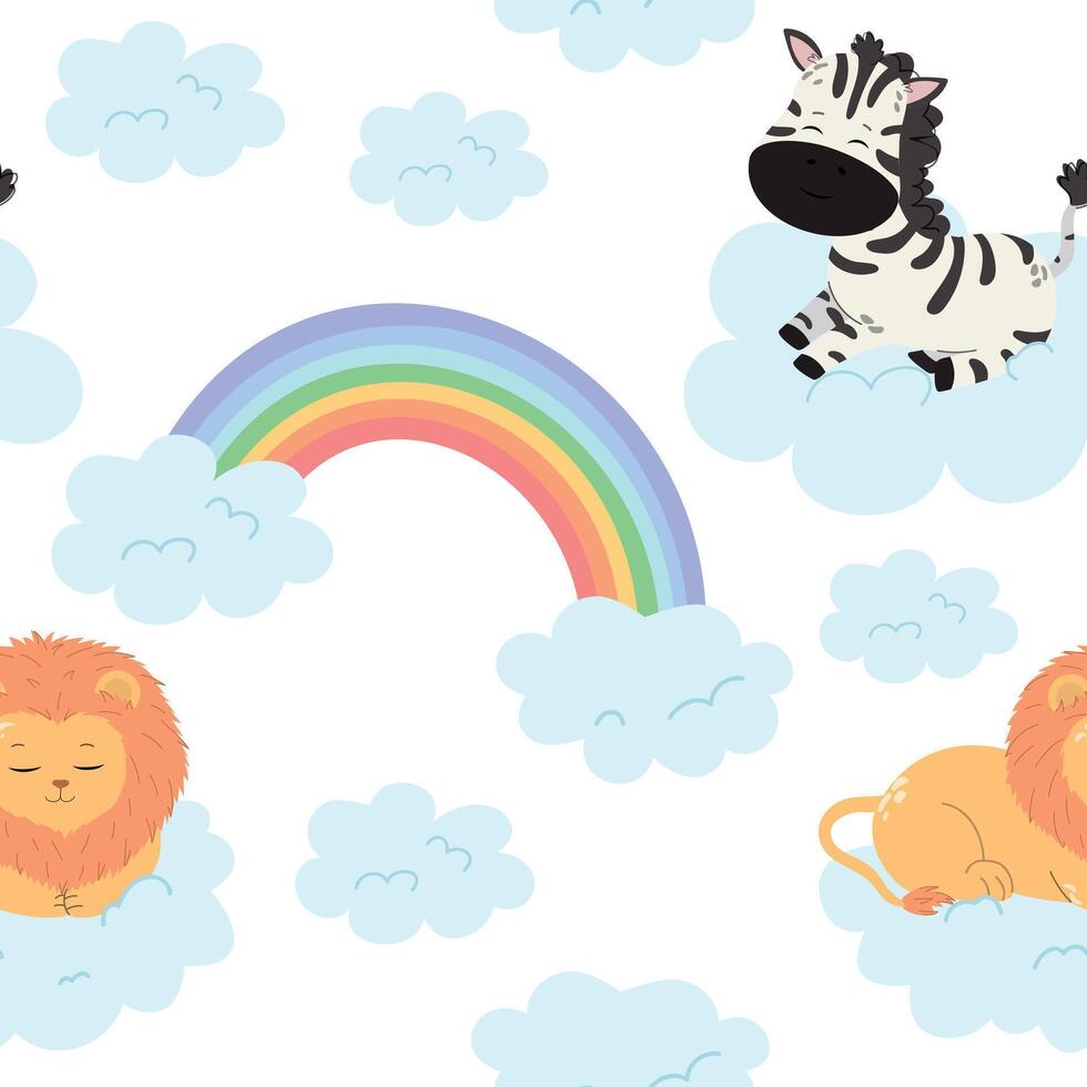 Cute seamless pattern with lion and zebra vector