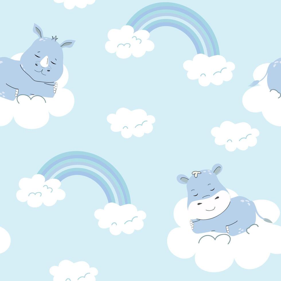 Blue pattern with rhino and hippo vector