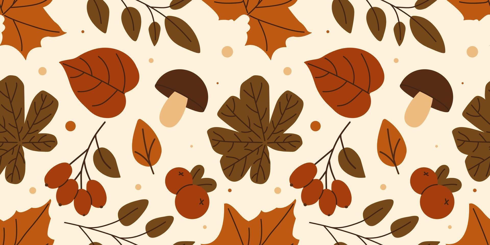 Autumn seamless pattern with berries, mushrooms and colorful leaves. Perfect for fall print, fabric, textile, material and more. illustration vector