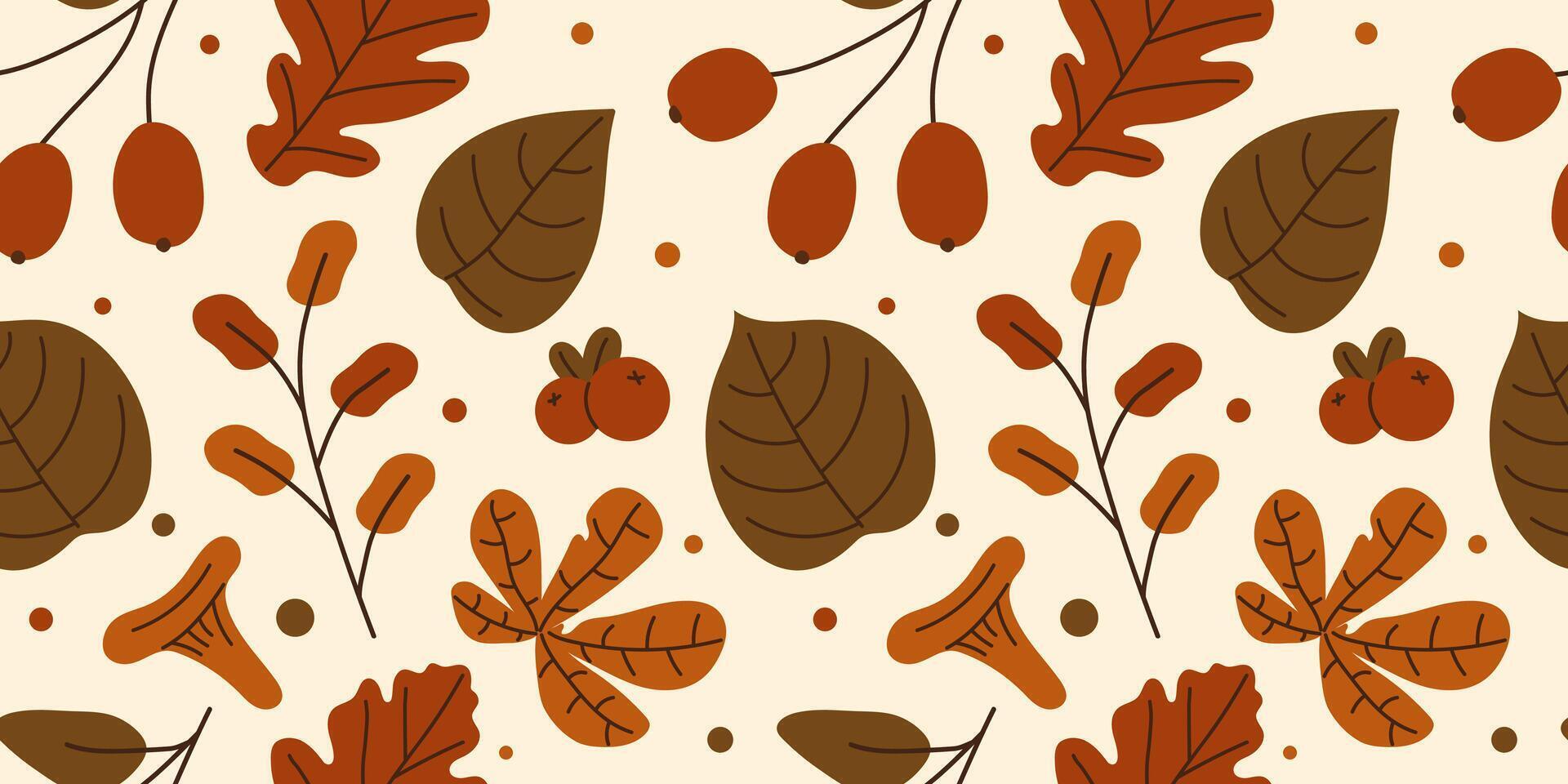 Autumn seamless pattern with berries, muscrooms, leaves. Perfect for fall print, fabric, wrapping paper and more. illustration vector