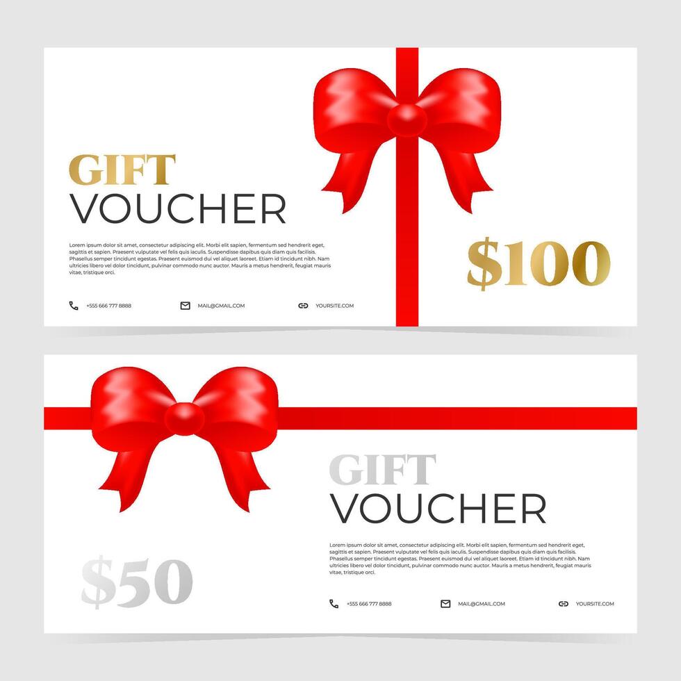 Elegant gift voucher with red classic bow knot and red satin ribbon on white background. Template for commercial use in promotions, sales, holiday campaigns, birthday events, online shops vector