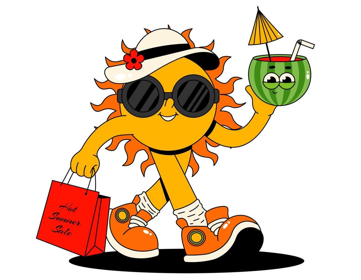 Retro groovy character sun. Funky walking sun in hat, sunglasses with cocktail and shopping bag. Isolated element for sale, promotion. Flat illustration on white background vector