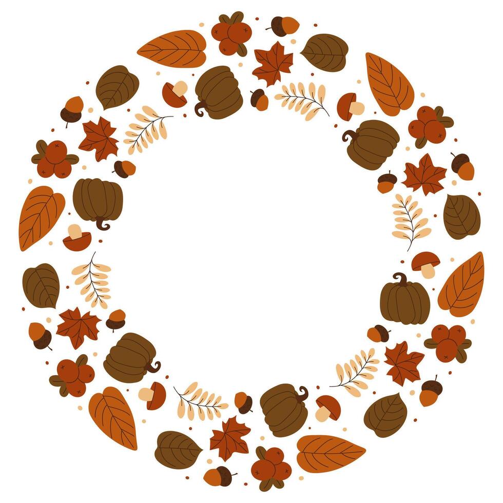 Fall foliage wreath illustration with pumpkins, leaves, berries, branches and more. Seasonal frame for autumnal nature design, invitations or web decor. illustration vector