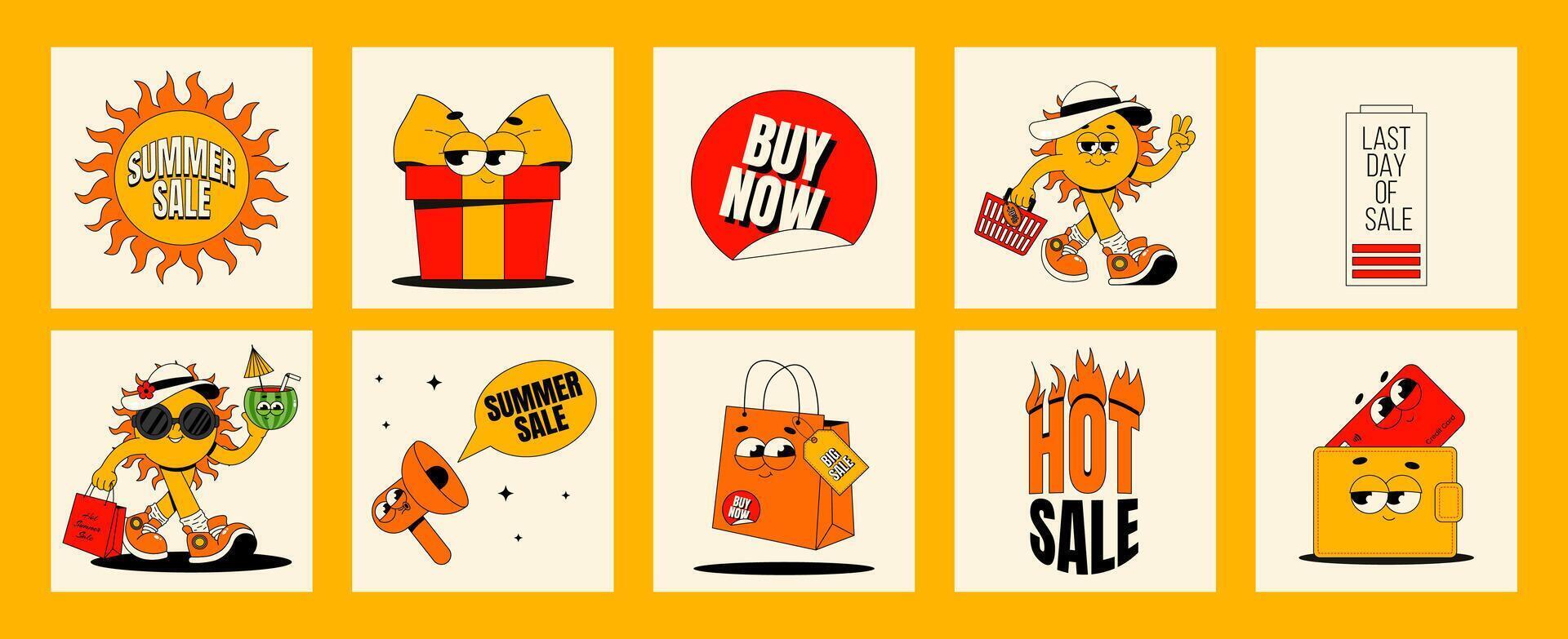 Summer sale card set. Retro groovy characters sun, gift box, shopping bag, wallet and more. Vintage hippie design and slogan for business. Flat illustration vector