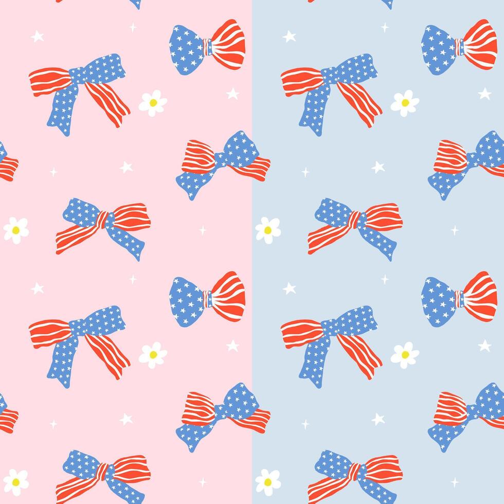 Retro Coquette 4th of July America Ribbon Bow Girly Seamless Pattern Red White Blue Minimal Wallpaper Isolated on Background vector