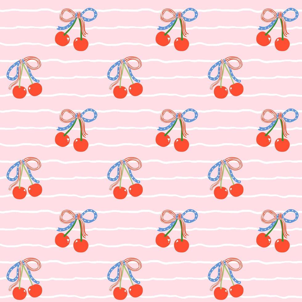 Retro Coquette 4th of July Cherries Bow Seamless Pattern America Girly Star and Stripe Blue white red Ribbon Minimal Wallpaper Isolated on Background vector