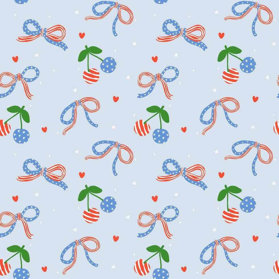 Retro Coquette 4th of July Cherries and America Ribbon Bow Girly Seamless Pattern Red White Blue Minimal Wallpaper Isolated on Background vector