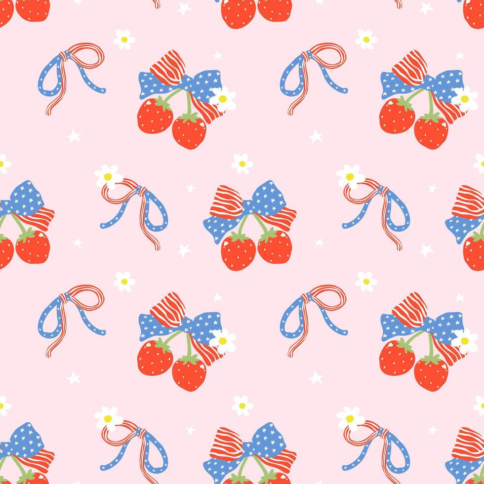 Retro Coquette 4th of July Strawberry Ribbon Bow America Girly Groovy Seamless Pattern Minimal Wallpaper Isolated on Background vector