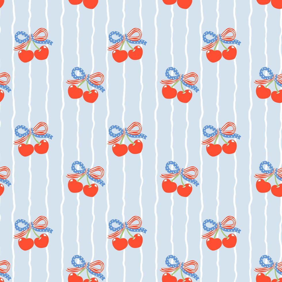 Retro Coquette 4th of July Heart Cherries Bow Seamless Pattern America Girly Star and Stripe Blue white red Minimal Wallpaper Isolated on Background vector