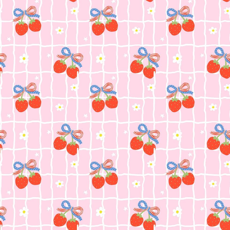 Retro Coquette 4th of July Strawberry America Ribbon Bow Girly Tile Seamless Pattern Minimal Wallpaper Isolated on Background vector
