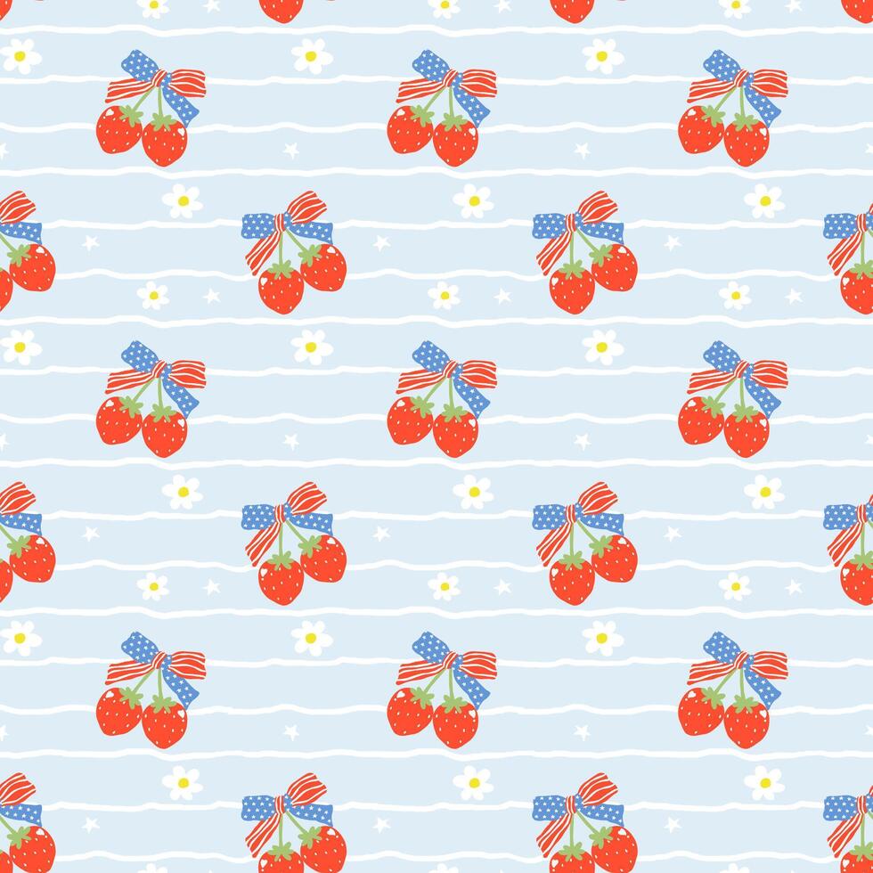 Retro Coquette 4th of July Strawberry America Ribbon Bow Girly Stripes Seamless Pattern Minimal Wallpaper Isolated on Background vector