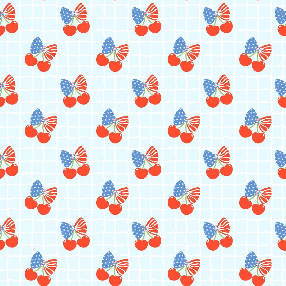 Retro Coquette 4th of July Heart Cherries Bow Seamless Pattern Girly America Star and Stripe Minimal Wallpaper Isolated on Background vector
