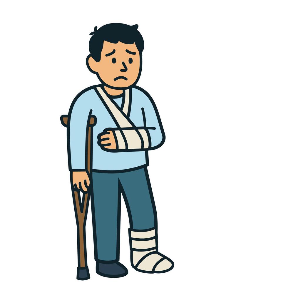 Injured person using crutches and arm bandage vector