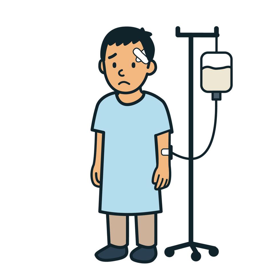 man with IV and bandaged head in hospital vector