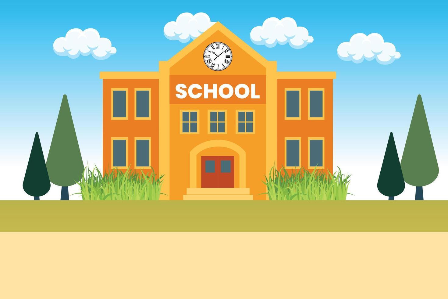 Bright and Cheerful School Building with Clock and Greenery vector