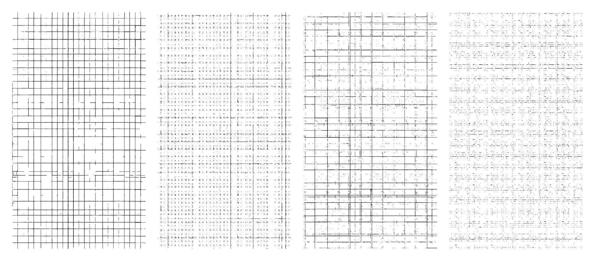 Grunge grid texture set black white worn geometric lines retro abstract pattern pack on transparent background for digital design overlays distressed elements vector