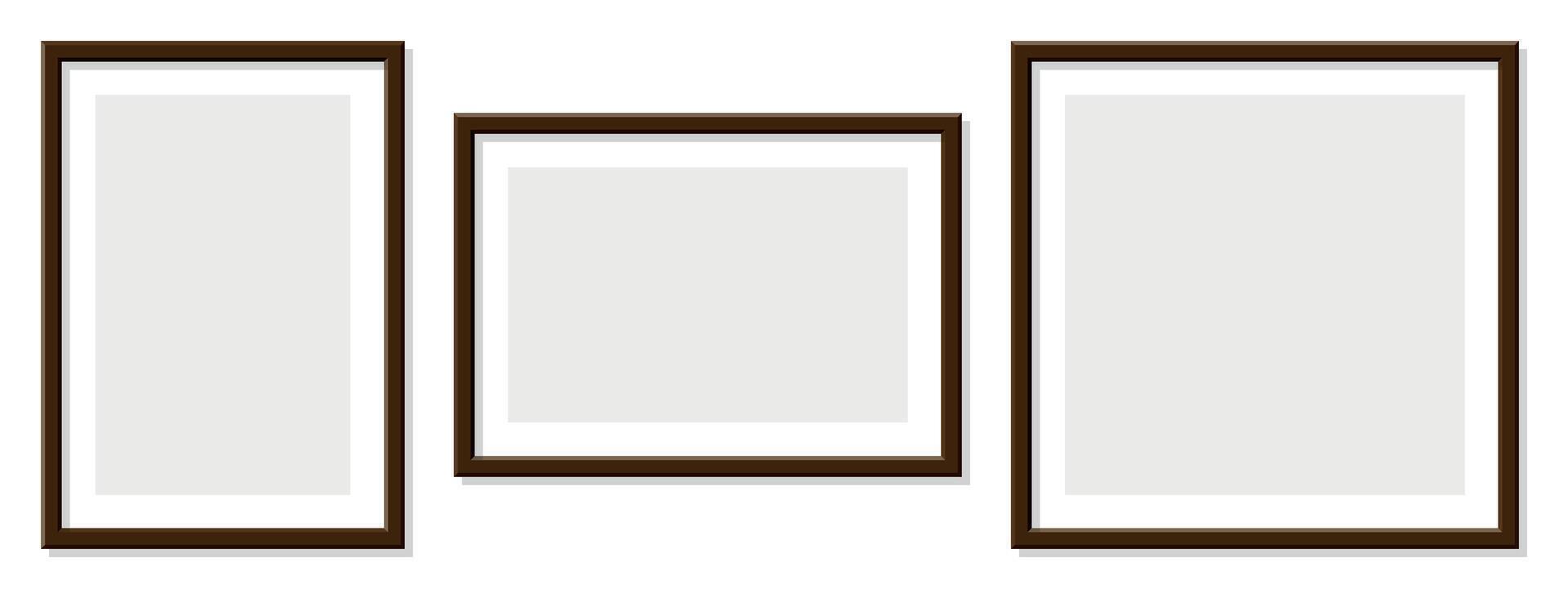 Brown wooden picture frames on transparent background clean minimalist design layout gallery wall mockup horizontal and vertical frame template classic wood tone art display interior decoration vector
