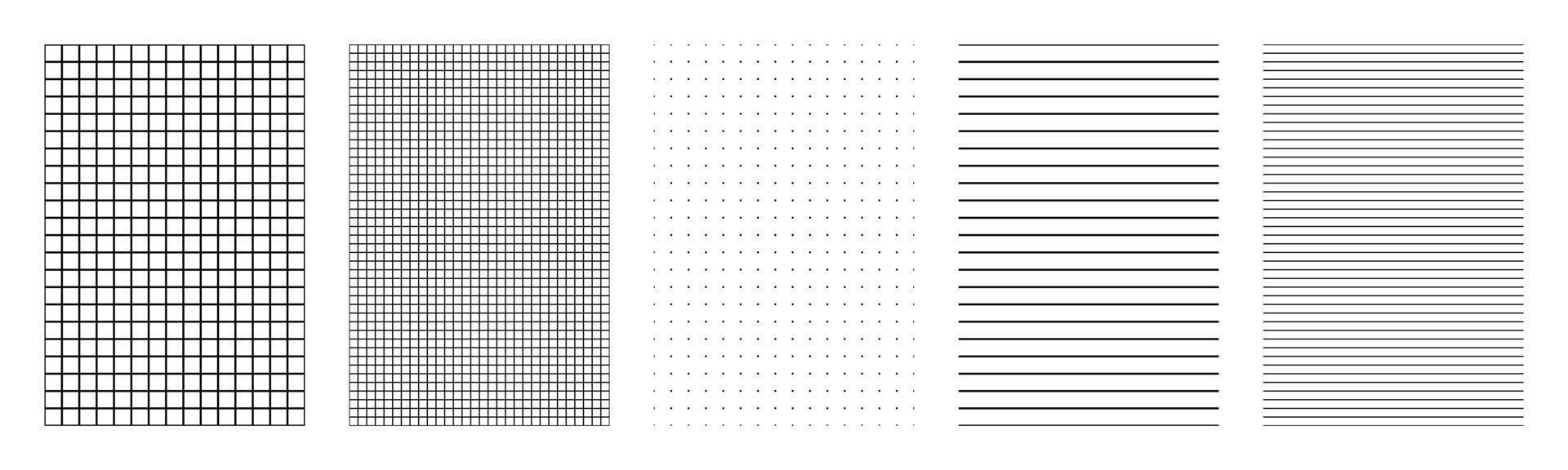 Black white geometric pattern set with square grid lines dotted paper ruled paper lined templates design collection for notebook planner bullet journal sketchbook background isolated on white vector