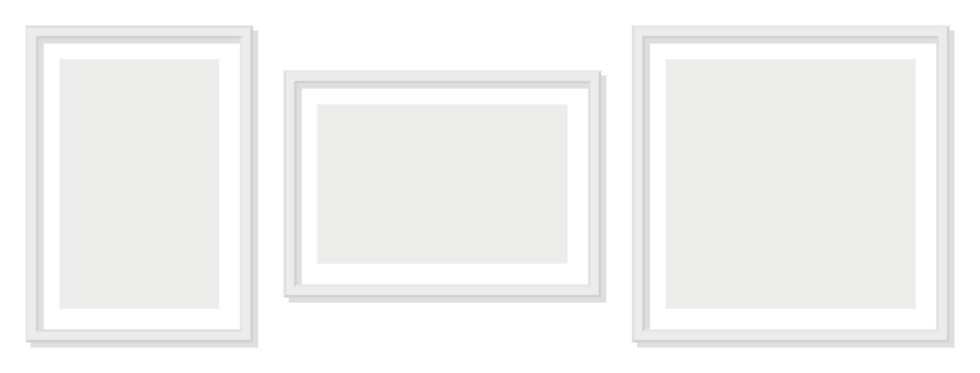 Empty white picture frames set on transparent background minimalist style interior design template mockup collection horizontal and vertical orientation clean layout gallery wall concept neutral tones vector